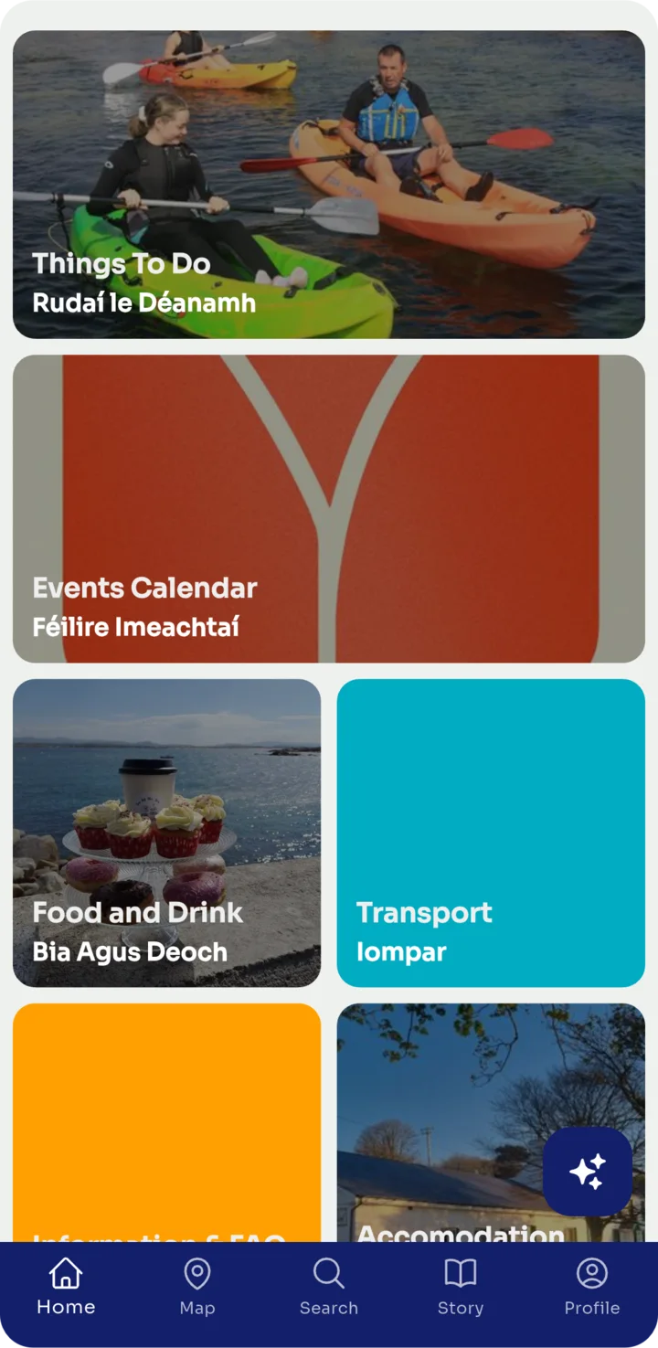 The app home screen, showing cards for Things To Do, Events Calendar, Food and Drink, Transport and Accommodation.