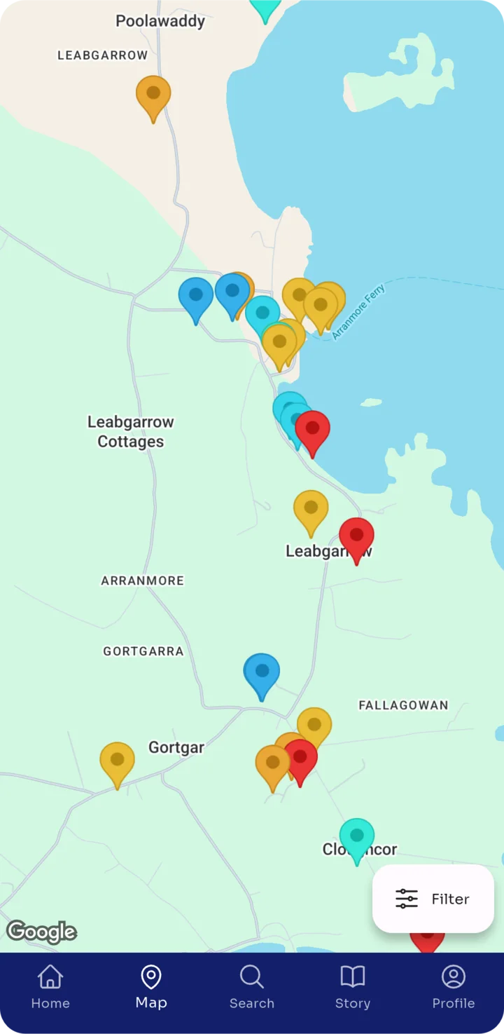A map of the island around Leabgarrow and Gortgar, with coloured pins marking places across Arranmore.