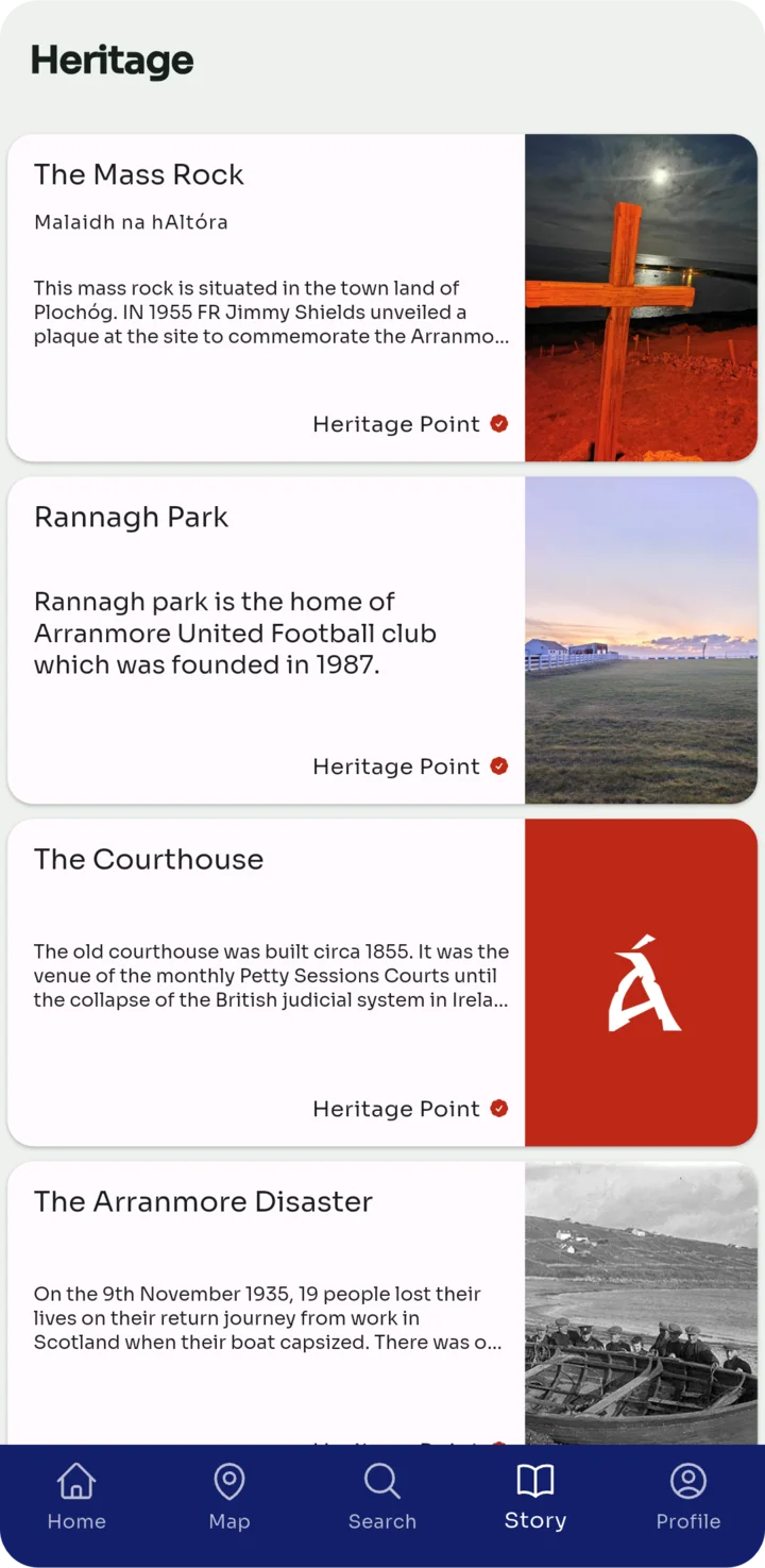 The heritage screen, listing the Mass Rock, Rannagh Park, the Courthouse and the Arranmore Disaster.
